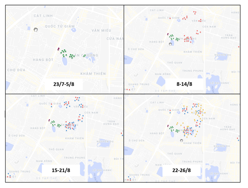 Bản đồ các ca nhiễm virus theo tuần tại ổ dịch Văn Chương - Văn Miếu Bản đồ các ca nhiễm virus theo tuần tại ổ dịch Văn Chương - Văn Miếu