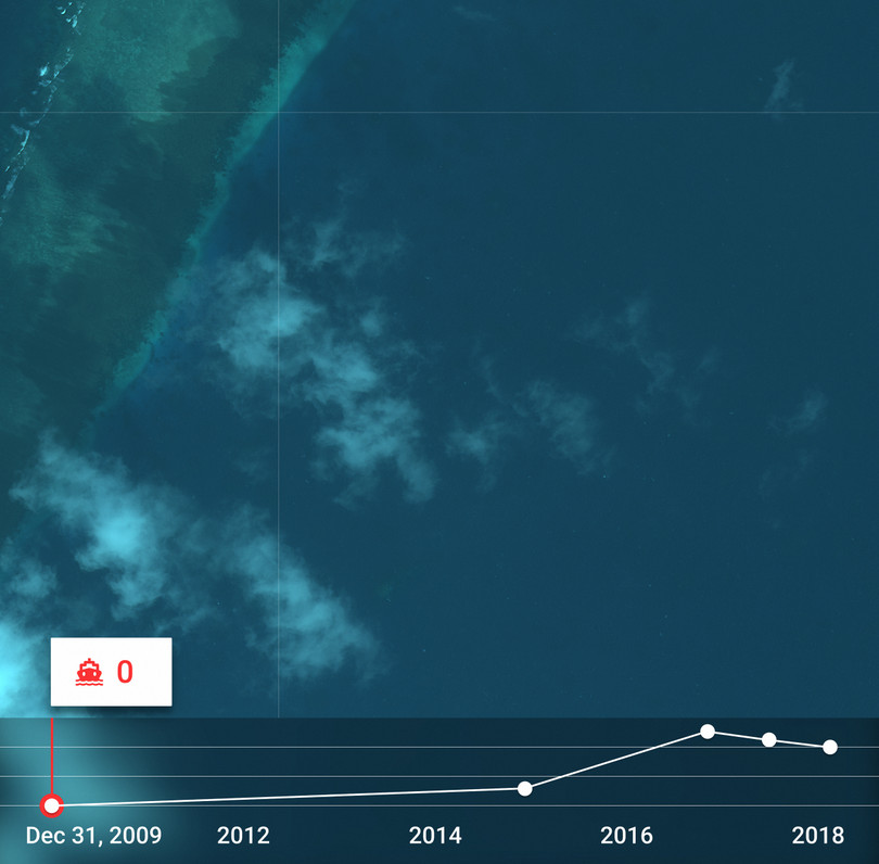 Ảnh ngày 31.12.2009, theo phân tích của SpaceKnow không có tàu quanh khu vực Đá Su Bi thuộc quần đảo Trường Sa.