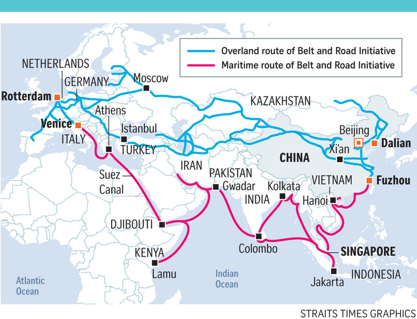 Tham vọng "vành đai - con đường" của Trung Quốc: màu đỏ - đường hàng hải; màu xanh: đường bộ.
