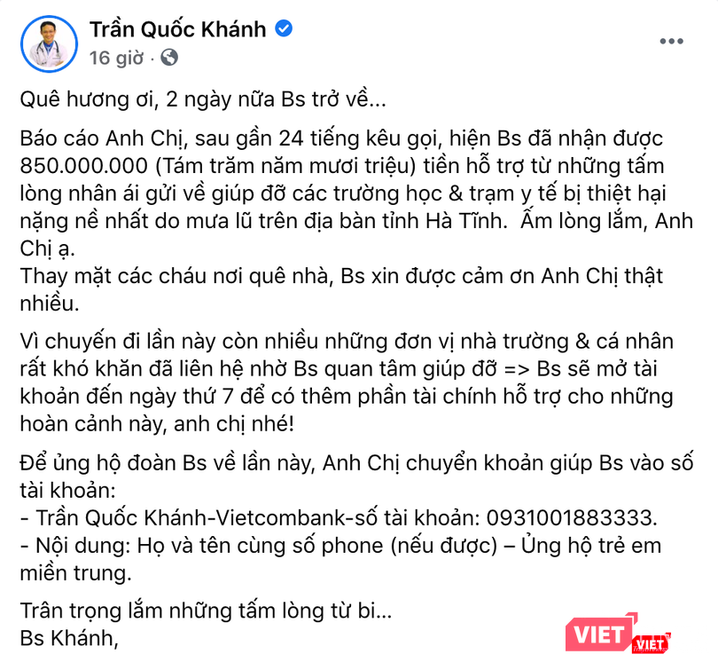 Bài đăng thông báo về số tiền ủng hộ của BS. Trần Quốc Khánh (Ảnh: FB Trần Quốc Khánh)