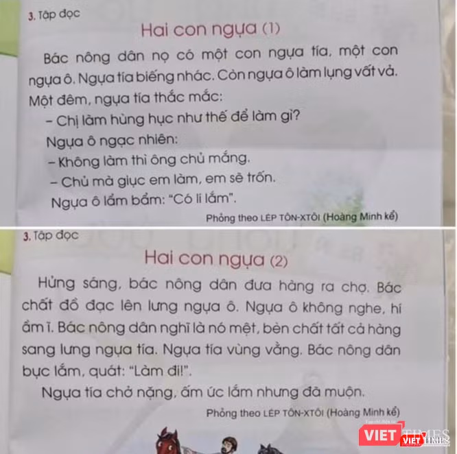Hình ảnh bài tập đọc "Hai con ngựa" được chụp từ SGK Tiếng Việt 1 Cánh Diều (Ảnh: Facebook H.V)