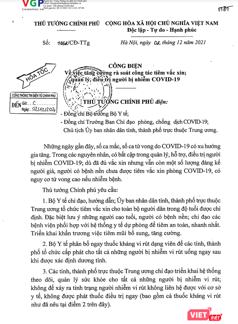 Công điện về việc rà soát công tác tiêm vaccine COVID-19; quản lý, điều trị người mắc COVID-19 của Thủ tướng Chính phủ (Ảnh - MT)