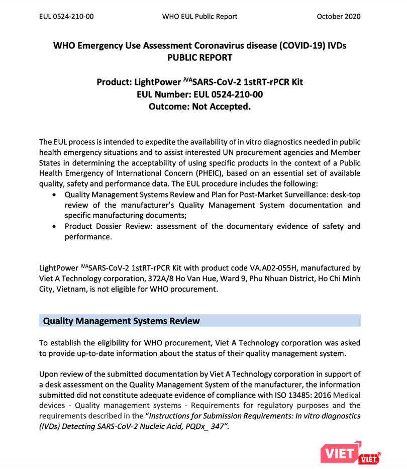 Thông báo của WHO không chấp thuận bộ kit xét nghiệm COVID-19 của Công ty Việt Á (Ảnh - VT)