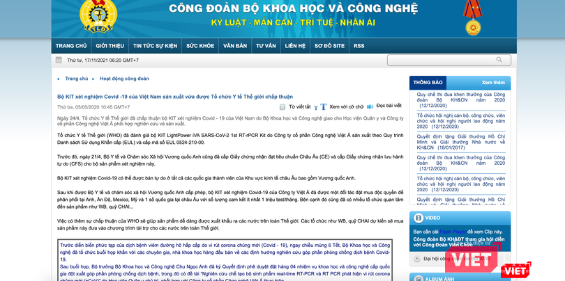 Thông báo bộ kit test của Việt Á được WHO chấp thuận của Bộ KH&amp;CN (Ảnh - VT)