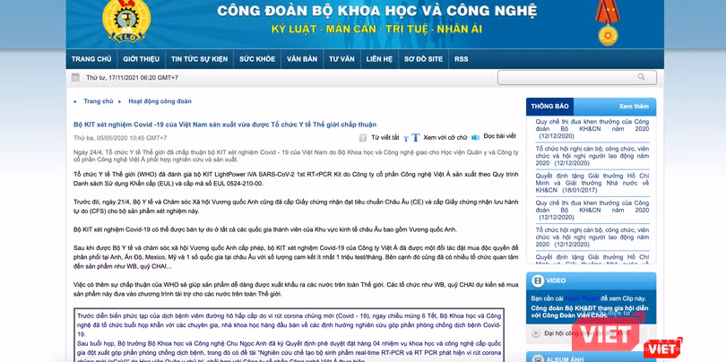 Thông báo bộ kit test của Việt Á được WHO chấp thuận của Bộ KH&amp;CN (Ảnh - VT)