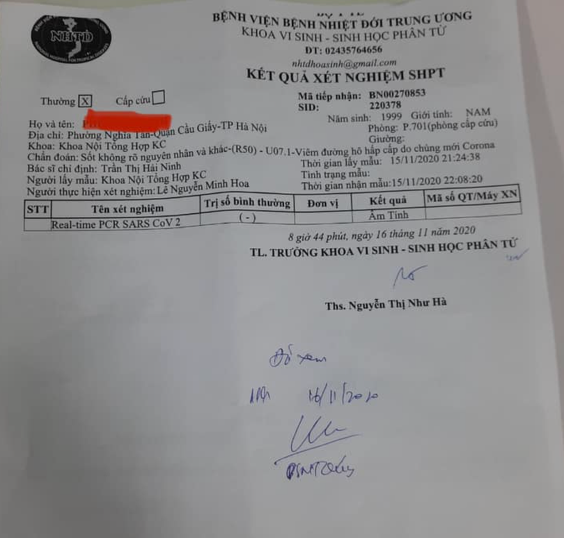 Kết quả xét nghiệm của bệnh nhân 1.032 (Ảnh: Bộ Y tế)