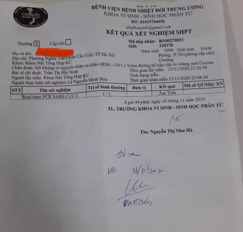 Kết quả xét nghiệm của bệnh nhân 1.032 (Ảnh: Bộ Y tế)