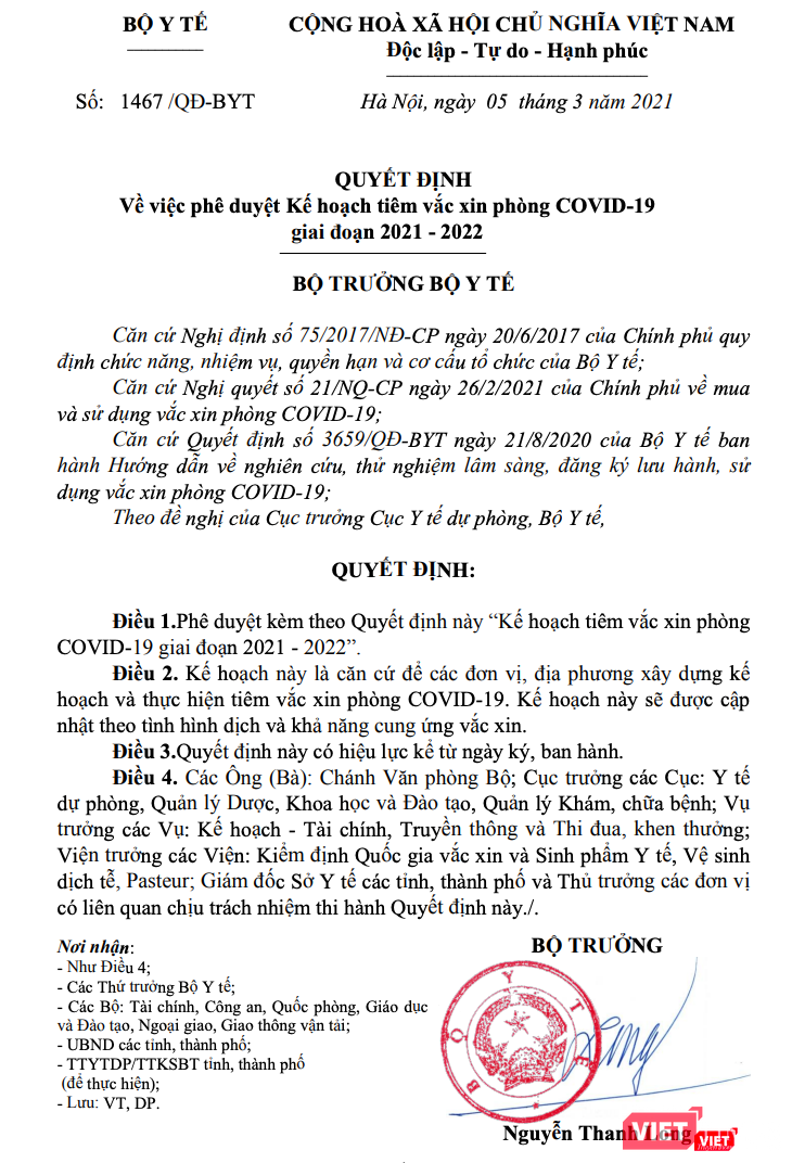 Quyết định phê duyệt kế hoạch tiêm vaccine phòng COVID-19 giai đoạn 2021-2022 do Bộ trưởng Bộ Y tế Nguyễn Thanh Long ký (Ảnh - VT)