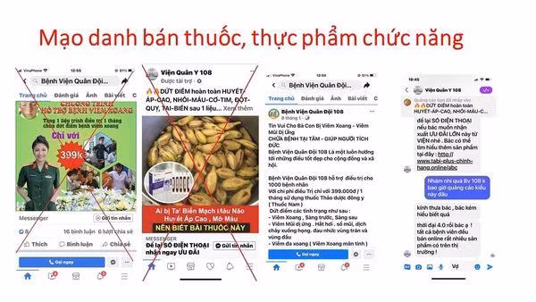 Hàng loạt trang facebook mạo danh Bệnh viện Trung ương Quân đội 108 để lừa bán thuốc, thực phẩm chức năng (Ảnh - BVCC)