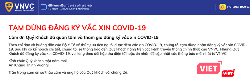 VNVC thông báo tạm dừng đăng ký vaccine COVID-19 (Ảnh - MT)