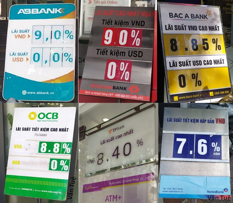 Biển lãi suất tại một số ngân hàng đang ở mức 7,5-9%/năm (Ảnh: Văn Tuệ)