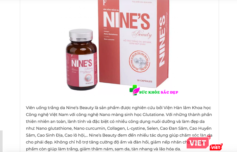Viên uống trắng da Nine’s Beauty quảng cáo mạo danh Viện Hàn lâm Khoa học và Công nghệ Việt Nam tràn lan trên mạng (Ảnh - VT)