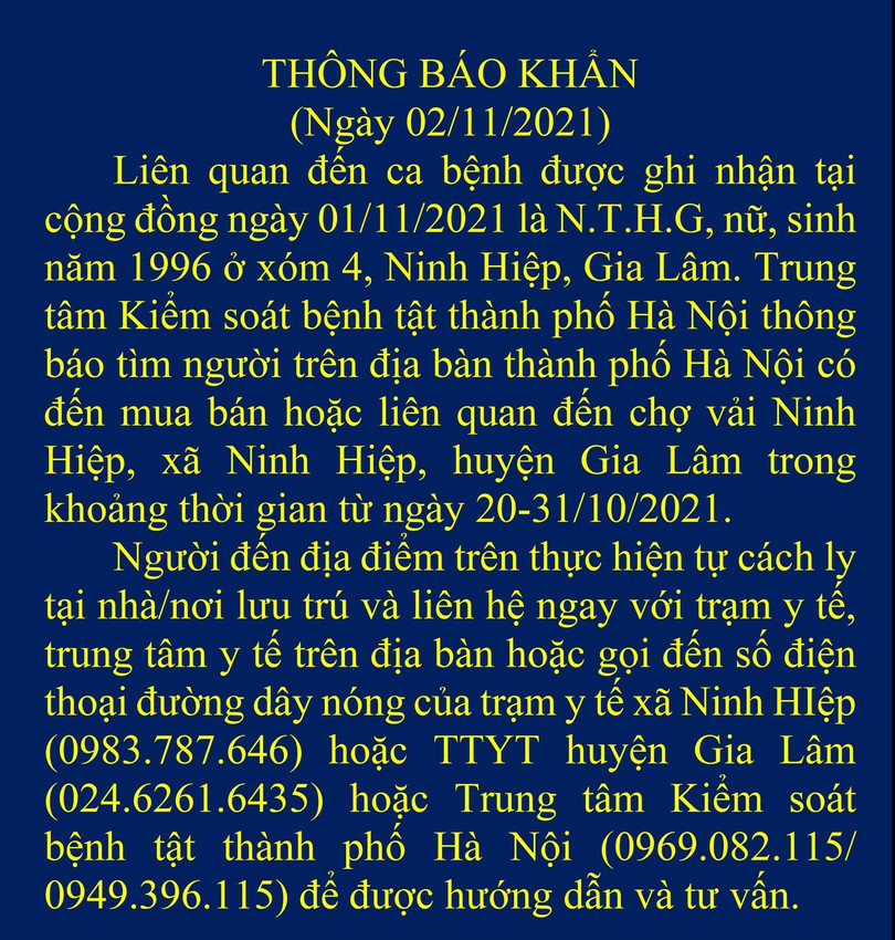Thông báo khẩn tìm người từng đi, đến chợ Ninh Hiệp của CDC Hà Nội (Ảnh - CDC Hà Nội)