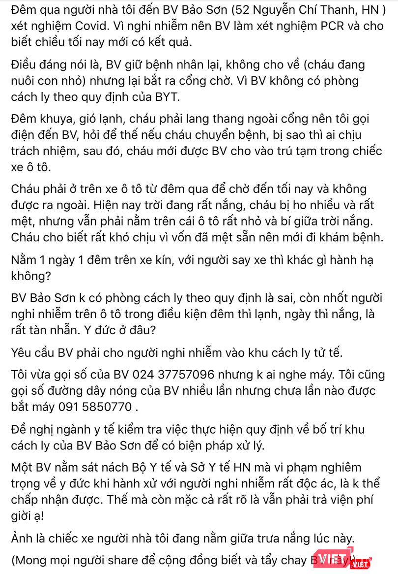 Bài viết chia sẻ của người nhà bệnh nhân sau khi người bệnh phải cách ly suốt 16 tiếng trên xe cứu thương (Ảnh - MT)