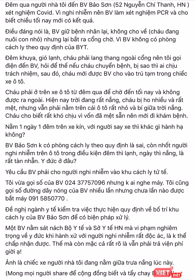 Bài viết chia sẻ của người nhà bệnh nhân sau khi người bệnh phải cách ly suốt 16 tiếng trên xe cứu thương (Ảnh - MT)