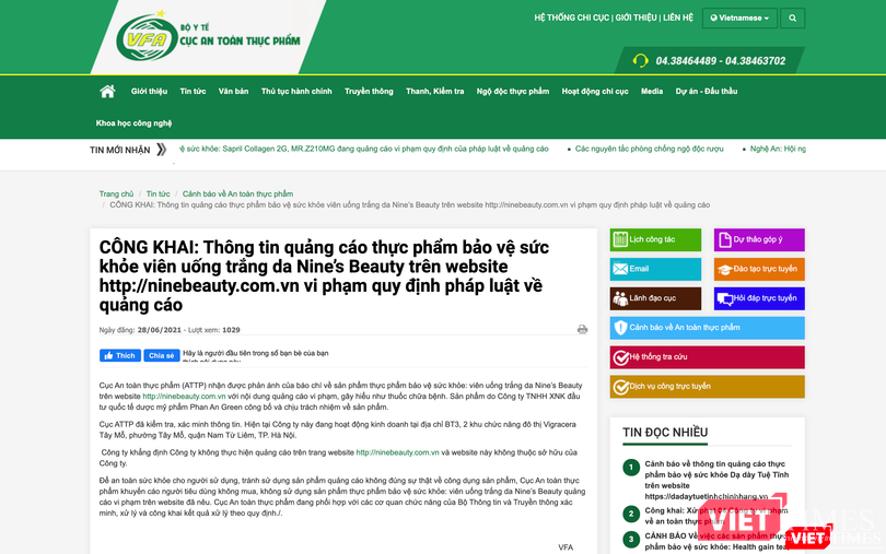 Cục An toàn thực phẩm cảnh báo quảng cáo viên uống trắng da Nine’s Beauty vi phạm quy định pháp luật (Ảnh - Minh Thuý)