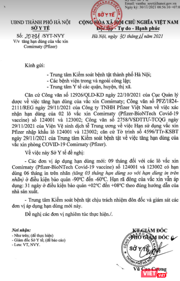 Văn bản của Sở Y tế Hà Nội về việc tăng hạn dùng của vaccine Pfizer (Ảnh - TH) Văn bản của Sở Y tế Hà Nội về việc tăng hạn dùng của vaccine Pfizer (Ảnh - TH)