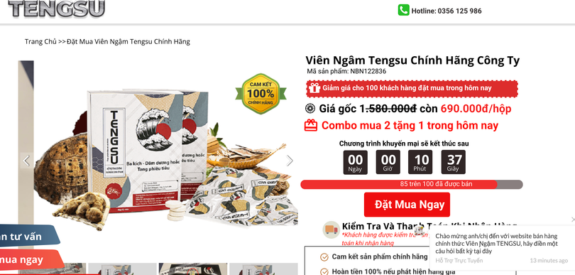 Trang web www.tengsu-vienngam.com quảng cáo viên ngậm Tengsucó giá 690.000 đồng/hộp (Ảnh chụp màn hình)