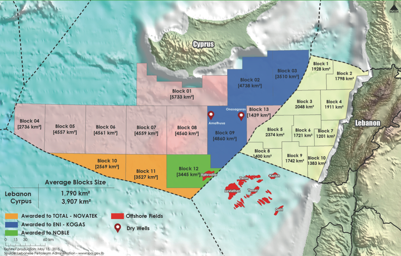 Các vùng dầu khí tiềm năng tại Lebanon.