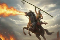 Từ truyền thuyết Thánh Gióng cưỡi ngựa sắt nhổ tre đánh giặc Ân có thể thấy ngựa trong tâm thức người Việt không chỉ là phương tiện di chuyển mà còn là biểu trưng cho ý chí quật cường của dân tộc Việt Nam. Ảnh AI: Xuân Lực.