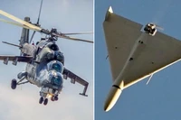 Máy bay trực thăng Mi-24 và máy bay không người lái Shahed-136. Ảnh: MW.