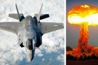 Máy bay F-35 và hình ảnh một vụ nổ hạt nhân. Ảnh: MW.