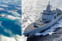 Tàu khu trục Type 055 và máy bay ném bom H-6 trên bầu trời khu vực Scarborough. Ảnh: MW.