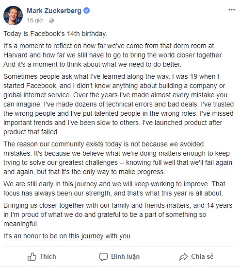 Mark Zuckerberg 'thú tội' nhân dịp sinh nhật lần thứ 14 của Facebook - Ảnh 1