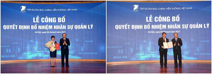 Chủ tịch VNPT Phạm Đức Long trao quyết định cho 2 phó Tổng GĐ Tập đoàn. Ảnh VNPT