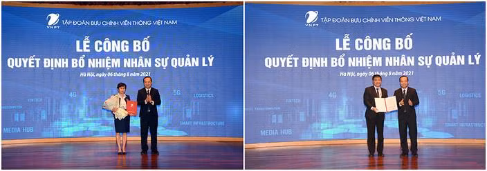 Chủ tịch VNPT Phạm Đức Long trao quyết định cho 2 phó Tổng GĐ Tập đoàn. Ảnh VNPT