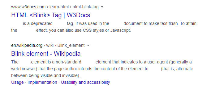 Khi có người tra cứu về thẻ blink ngôn ngữ HTML, Google vẫn để hiệu ứng chữ “blink” nhấp nháy khá thú vị. Khi có người tra cứu về thẻ blink ngôn ngữ HTML, Google vẫn để hiệu ứng chữ “blink” nhấp nháy khá thú vị.
