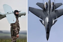 Quân nhân Ukraine với máy bay không người lái và máy bay chiến đấu Su-30 của Nga. Ảnh: MW.