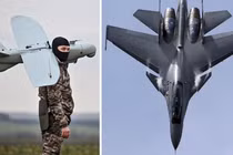 Quân nhân Ukraine với máy bay không người lái và máy bay chiến đấu Su-30 của Nga. Ảnh: MW.