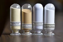 Các mẫu đất hiếm từ trái sang phải, Cerium oxide, Bastnasite, Neodymium oxide và Lanthanum carbonate được trưng bày tại Mountain Pass, California. Ảnh: Reuters.