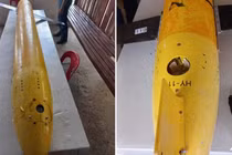 Bức ảnh cho thấy tàu ngầm không người lái nghi là của Trung Quốc được ngư dân tìm thấy ngoài khơi bờ biển San Pascual thuộc tỉnh Masbate, Philippines ngày 30/12/2024. Ảnh: AFP.