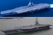 Siêu tàu sân bay Phúc Kiến của Trung Quốc (trên) và tàu sân bay USS Gerald Ford của Mỹ. Ảnh: MW.