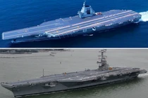 Siêu tàu sân bay Phúc Kiến của Trung Quốc (trên) và tàu sân bay USS Gerald Ford của Mỹ. Ảnh: MW.