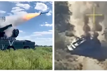 Hình ảnh tổng hợp cho thấy hệ thống Osa của Nga và ảnh chụp từ đoạn phim mà Ukraine công bố cho thấy Osa bị UAV phá hủy (Ảnh: Business Insider)