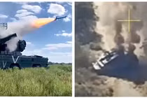 Hình ảnh tổng hợp cho thấy hệ thống Osa của Nga và ảnh chụp từ đoạn phim mà Ukraine công bố cho thấy Osa bị UAV phá hủy (Ảnh: Business Insider)