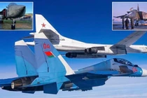 Su-30SM của Belarus hộ tống máy bay ném bom Tu-160 của Nga, cùng hình ảnh Su-24 và MiG-25BM (Ảnh: MW)