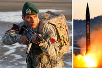Hình ảnh một lính thủy đánh bộ Iran và một vụ phóng tên lửa Hwasong-7 của Triều Tiên. Ảnh: MW.