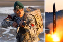 Hình ảnh một lính thủy đánh bộ Iran và một vụ phóng tên lửa Hwasong-7 của Triều Tiên. Ảnh: MW.