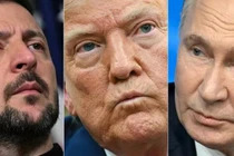 Tổng thống Ukraine Volodymyr Zelensky (trái), Tổng thống Mỹ Donald Trump (giữa) và Tổng thống Nga Vladimir Putin. Ảnh: aFP.