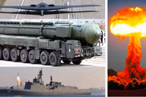 Máy bay ném bom B-2, tên lửa Yars, tàu khu trục Choi Hyon và hình ảnh một vụ nổ hạt nhân. Ảnh: MW.