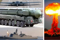 Máy bay ném bom B-2, tên lửa Yars, tàu khu trục Choi Hyon và hình ảnh một vụ nổ hạt nhân. Ảnh: MW.