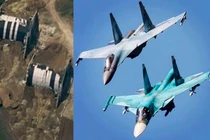 Nhà chứa máy bay của Nga và các chiến đấu cơ Su-34 và Su-35. Ảnh: MW.