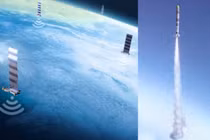 Mạng lưới Starlink (ảnh đồ họa) và một vụ phóng tên lửa chống vệ tinh. Ảnh: MW.