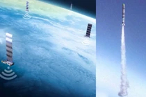 Mạng lưới Starlink (ảnh đồ họa) và một vụ phóng tên lửa chống vệ tinh. Ảnh: MW.