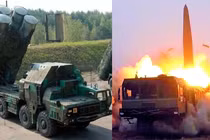 Hệ thống phòng không S-300P của Ukraine và một vụ phóng tên lửa Iskander-M của Nga. Ảnh: MW.