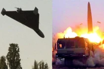 Mẫu UAV Shahed 136 và một vụ phóng tên lửa Iskander-M. Ảnh: MW.